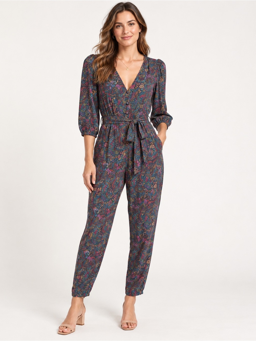 EVEREVE Floral Paisley Belted Jumpsuit Size Small V-Neck 3/4 Sleeve